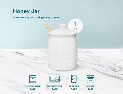 Kook Ceramic Honey Jar with Lid, Wooden Dipper, Small Beehive Honey Pot with Lid, Durable Stoneware, Microwave & Dishwasher Safe, 20 oz, Glossy Finish, White