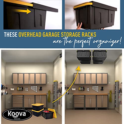 Koova Overhead Bin Rack for Four Bins | Overhead Garage Storage Rack to Mount on Ceiling with Adjustable Width | Supports Most Black and Yellow Storage Bins |4 Sets