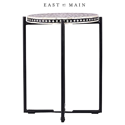 East at Main Round Side Table - 16”w x 20”h Wooden Floral Top, Metal Legs, Handmade Bone Inlay Circular Modern Decor - Collapsible Living Room, Office Farmhouse, Industrial Cocktail Furniture, Black