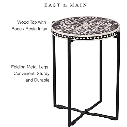 East at Main Round Side Table - 16”w x 20”h Wooden Floral Top, Metal Legs, Handmade Bone Inlay Circular Modern Decor - Collapsible Living Room, Office Farmhouse, Industrial Cocktail Furniture, Black