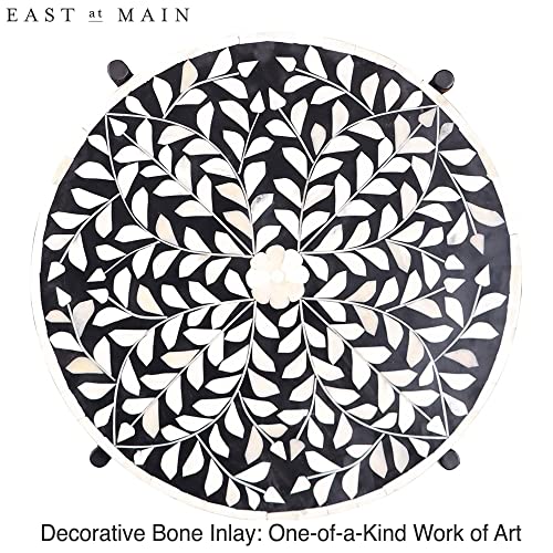 East at Main Round Side Table - 16”w x 20”h Wooden Floral Top, Metal Legs, Handmade Bone Inlay Circular Modern Decor - Collapsible Living Room, Office Farmhouse, Industrial Cocktail Furniture, Black
