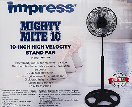 Impress Oscillating Pedestal Fan | Quiet | Aluminum Blades | 3-speeds | Adjustable Hight | Easy Assembly | Stable Base Design (10", Black)