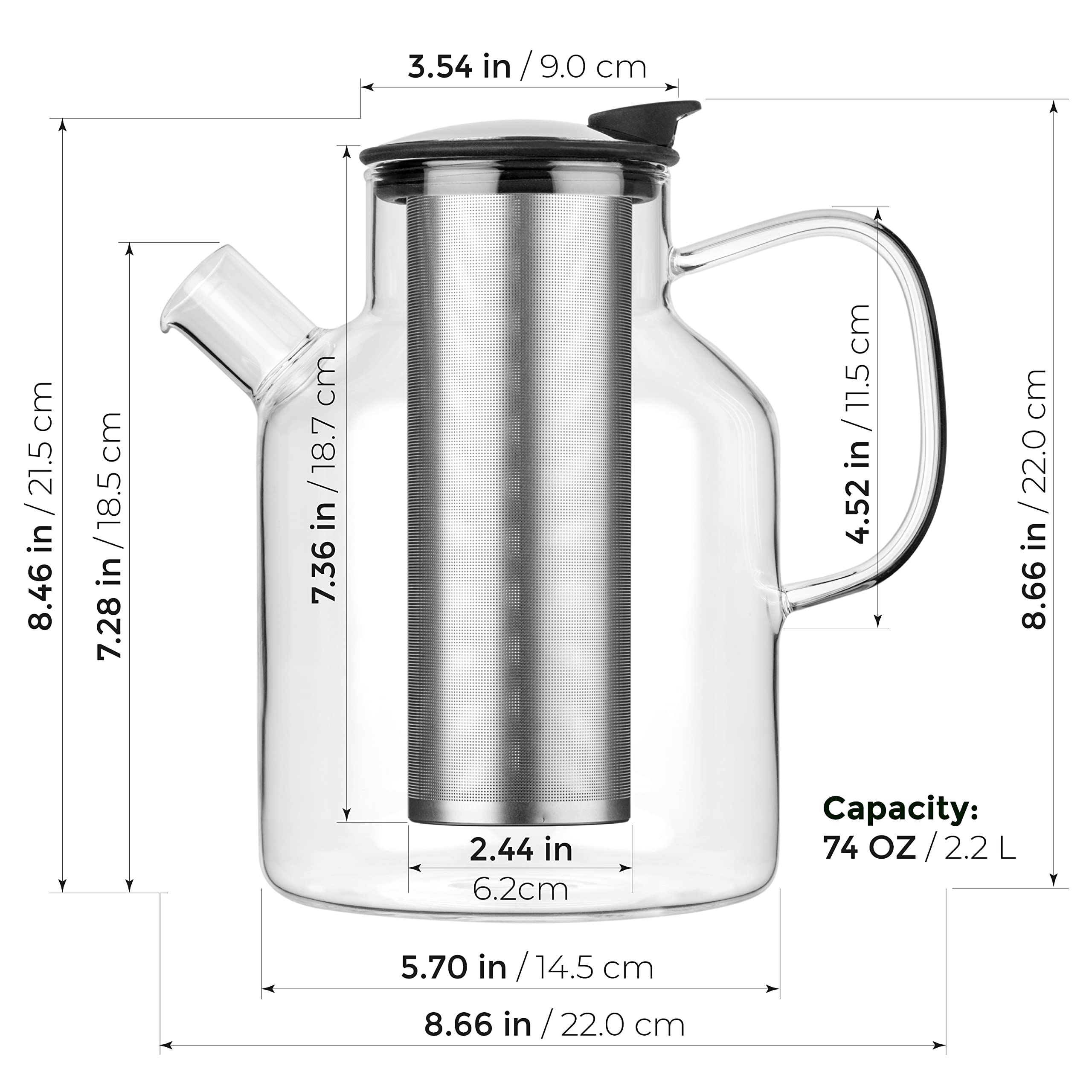 Tealyra - Large Glass Stove-top Kettle 74-ounce - Teapot - Heat Resistant Borosilicate - Pitcher - Carafe - For Tea Juice Water - Hot or Iced - 2200ml