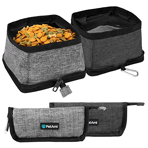 PetAmi Collapsible Dog Bowls 2 Pack, Food and Water Bowls Travel Set, Portable Pet Dish No Spill, Foldable Lightweight BPA Free Leakproof Bowls, Camping Hiking Walking Outdoor Gear Accessories, Gray