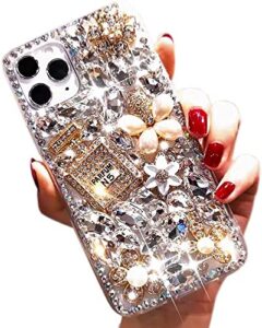 iphone 13 pro max glitter case, luxury diamond rhinestone 3d perfume bottle & flower soft tpu cover for women & girls