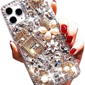 iPhone 13 Pro Max Glitter Case, Luxury Diamond Rhinestone 3D Perfume Bottle & Flower Soft TPU Cover for Women & Girls