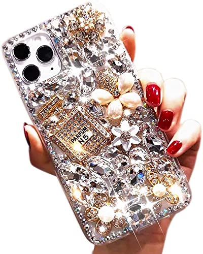 iPhone 13 Pro Max Glitter Case, Luxury Diamond Rhinestone 3D Perfume Bottle & Flower Soft TPU Cover for Women & Girls