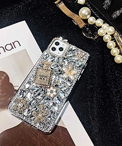 iPhone 13 Pro Max Glitter Case, Luxury Diamond Rhinestone 3D Perfume Bottle & Flower Soft TPU Cover for Women & Girls