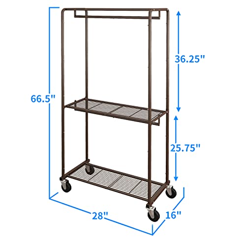 Simple Trending Clothes Garment Rack, Heavy Duty Commercial Grade Clothing Rolling Rack on Wheels and Bottom Shelves, Holds up to 300 lbs, Bronze