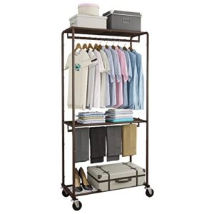 simple trending clothes garment rack, heavy duty commercial grade clothing rolling rack on wheels and bottom shelves, holds up to 300 lbs, bronze