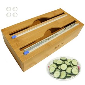 plastic wrap dispenser with cutter, 100% bamboo wood aluminum/tin foil and parchment/wax paper organizer for drawer, wall-mount kitchen roll holder compatible with 13.78"