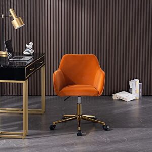 Goujxcy Swivel Office Chair Computer Task Chair with Wheels Microfiber Rolling Desk Chair with Wooden Arms and Height Adjustable Metal Base (Orange)