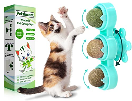 Petslucent Catnip Ball for Cats Wall, 3in1 Cat Toys Wall Ball Mint Balls Lick Roller, Cat Nip Silvervine Edible Kitty Safe Healthy Kitten Teeth Cleaning Dental Cat Toy Chew Toys Indoor