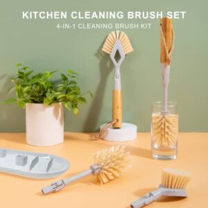 SetSail Dish Brush Set with Storage Holder, 4-in-1 Kitchen Cleaning Brush Set with 2 Interchangeable Brush Heads&Scrub Sponge Bamboo Handle Bottle Brush, Dish Scrub Brush and Corner Brush for Kitchen