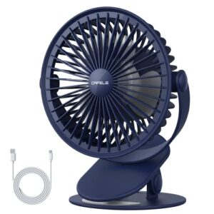 cafele stroller clip on fan, 【ultra quiet】 rechargeable battery operated personal fan strong airflow, 4 speeds max 24hrs 6-inch small portable fan for bed desk car seat white blue