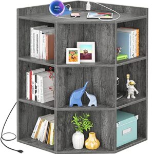 aheaplus corner cabinet, corner storage with usb ports and outlets, corner cube toy storage for small space, wooden corner cubby bookshelf with 9 cubes for playroom, bedroom, living room, grey oak