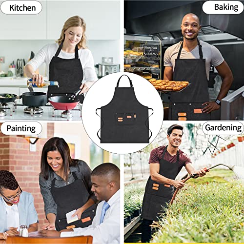 Sosirolo Chef Apron for Men Women with Pockets, Waterdrop Resistant Cotton Canvas Adjustable Apron with Gift Package, Black Apron for Grilling Cooking BBQ Kitchen, M-XXXL