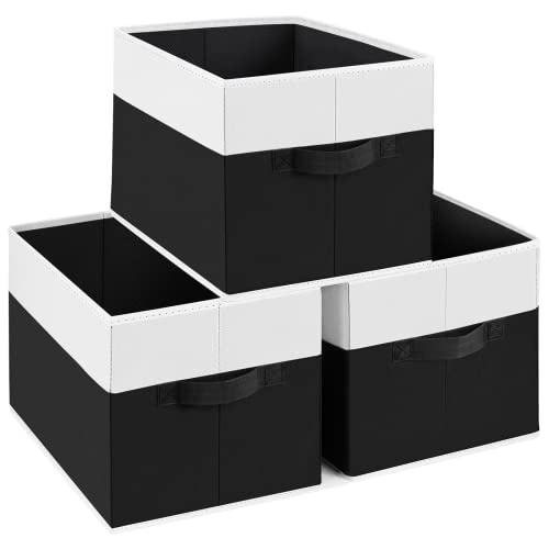 DIMJ Closet Storage Bins, Fabric Baskets for Shelves with Handles,Closet Shelf Organizer Bins for Organization, Storage Box Cubes for Closet, Wardrobe, Shelf, 3 Pack, Black and White