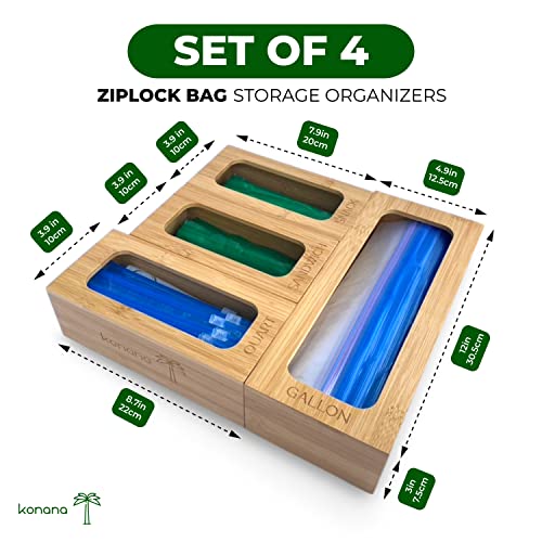 Konana Wooden Storage Bag Organizer for Plastic Baggies - Individual Gallon, Quart, Snack & Sandwich Organizer - with Labels for Kitchen Organization