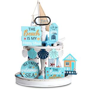 10 pieces tiered tray decor farmhouse mini wood signs decorations for bee lemon sunflower 4th of july birthday summer party decoration(sea style)