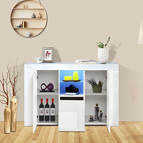ARMCONE LED Sideboard Buffet Cabinet High Glossy Front Kitchen Sideboard with Storage Large Buffet Table Wooden Bar Cabinet for Kitchen Dining Room Hallway Living Room (45.67" Wx13.82 Dx31.89 H)