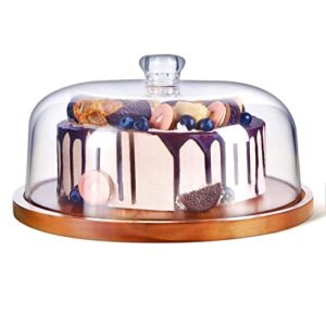wood cake stand with dome,acacia cake plate holder with acrylic lid,cake display server tray for kitchen,birthday parties,weddings,baking gifts or housewarming gifts