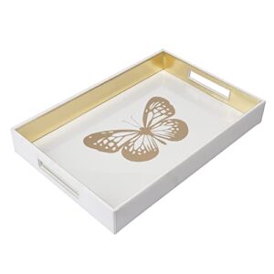 Zvasti Faux Leather Butterfly Printed Tray. White Faux Leather Trays for Coffee Table. Rectangle Tray with Handles