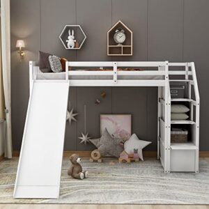 harper & bright designs twin loft bed with slide and storage, wood kids loft bed frame with staircase, no box spring needed (twin, white with staircase)