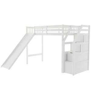 Harper & Bright Designs Twin Loft Bed with Slide and Storage, Wood Kids Loft Bed Frame with Staircase, No Box Spring Needed (Twin, White with Staircase)