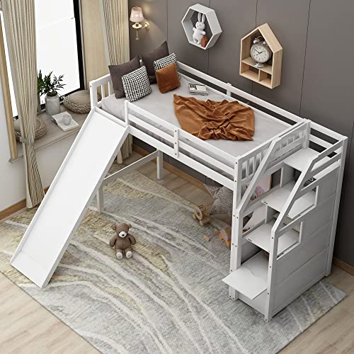 Harper & Bright Designs Twin Loft Bed with Slide and Storage, Wood Kids Loft Bed Frame with Staircase, No Box Spring Needed (Twin, White with Staircase)