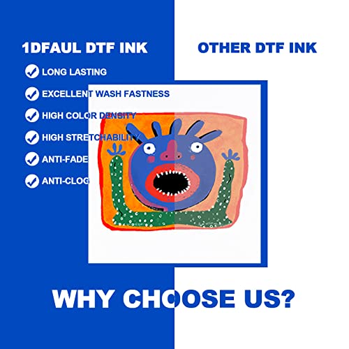 1DFAUL DTF Transfer Ink, DTF Ink Refill for Inkjet Printers Heat Transfer Film Printing, KCMY & White 6PCS Sets (100ML)