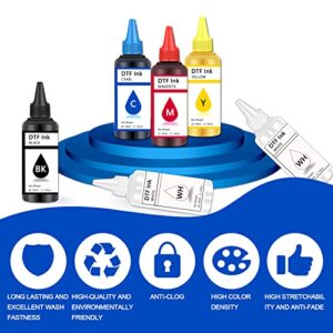 1DFAUL DTF Transfer Ink, DTF Ink Refill for Inkjet Printers Heat Transfer Film Printing, KCMY & White 6PCS Sets (100ML)