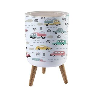 round trash can with press lid cartoon transportation for kids seamless with doodle toy cars and small garbage can trash bin dog-proof trash can wooden legs waste bin wastebasket 7l/1.8 gallon