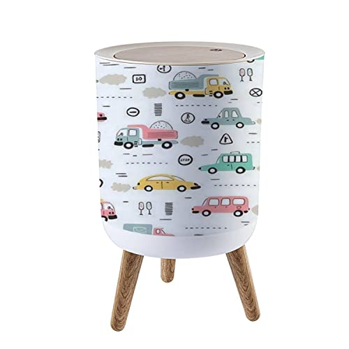 Round Trash Can with Press Lid Cartoon Transportation for Kids Seamless with doodle Toy Cars and Small Garbage Can Trash Bin Dog-proof Trash Can Wooden Legs Waste Bin Wastebasket 7L/1.8 Gallon