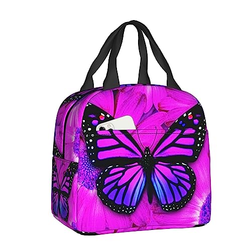 QIUWIOV Purple Butterfly Lunch Bag Insulated Reusable Lunch Box Thermal Tote Bag Container Cooler Bag for Women Men Travel/Picnic/Work/Beach