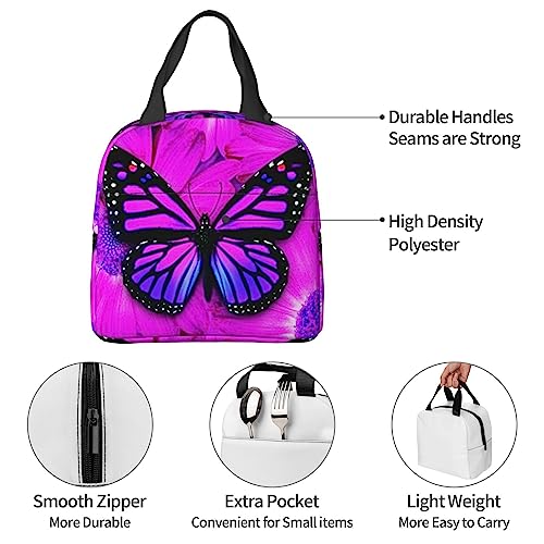 QIUWIOV Purple Butterfly Lunch Bag Insulated Reusable Lunch Box Thermal Tote Bag Container Cooler Bag for Women Men Travel/Picnic/Work/Beach