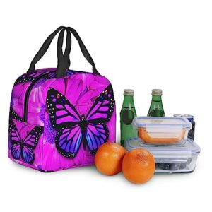 QIUWIOV Purple Butterfly Lunch Bag Insulated Reusable Lunch Box Thermal Tote Bag Container Cooler Bag for Women Men Travel/Picnic/Work/Beach