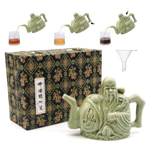 lurrier assassins teapot, handmade chinese ceramic tea kettle, one pot three drinks,two chambers teapot, drink dispenser, magic trick teapot with gift box, 16 oz(green)