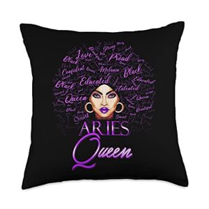 lush blm aries girl womens purple afro queen black zodiac birthday throw pillow, 18x18, multicolor