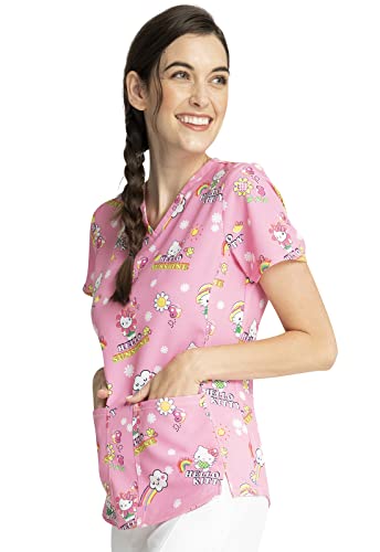 Tooniforms Women Scrubs Top V-Neck Print TF770, XL, Hello Kitty Sunshine