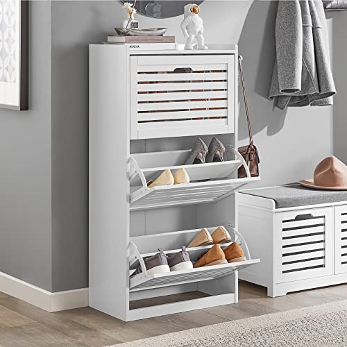 Haotian FSR108-W, White Shoe Cabinet with 3 Flip Drawers, Freestanding Shoe Rack with Hooks, Shoe Storage Cupboard Organizer Unit