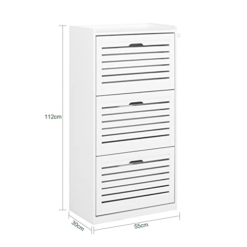 Haotian FSR108-W, White Shoe Cabinet with 3 Flip Drawers, Freestanding Shoe Rack with Hooks, Shoe Storage Cupboard Organizer Unit