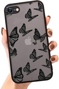 jusy iphone 7/8/se 2020 black butterfly case, matte soft tpu bumper, cute print, hard pc back for women & girls