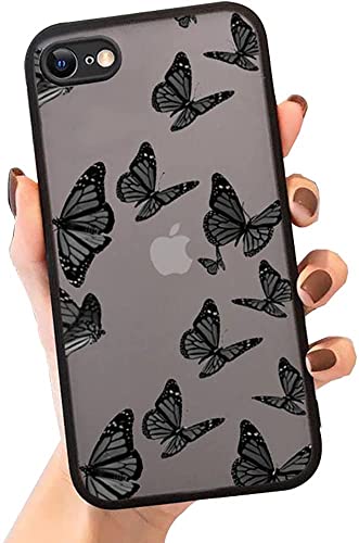 Jusy iPhone 7/8/SE 2020 Black Butterfly Case, Matte Soft TPU Bumper, Cute Print, Hard PC Back for Women & Girls