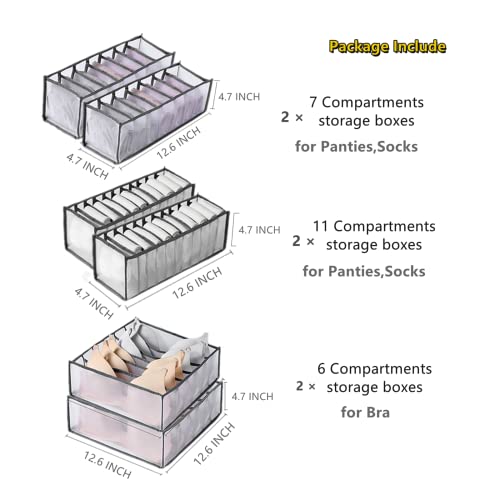 6 Pack Underwear Organizer, Drawer Organizer and Storage for Clothes, Foldable Washable Clothes Drawer Organizer, Clothing Organizer Drawer Divider 6/7/11 Compartments for Bra, Socks and Panties