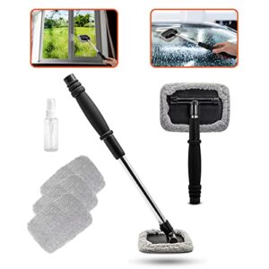 trobo windshield cleaning tool, extendable handle interior exterior glass pivoting car window cleaner wand wiper kit with 3 washable reusable microfiber cloths & bonus spray bottle, durable material