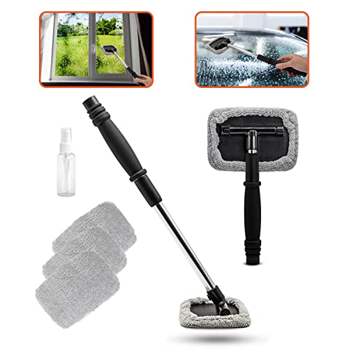 Trobo Windshield Cleaning Tool, Extendable Handle Interior Exterior Glass Pivoting Car Window Cleaner Wand Wiper Kit with 3 Washable Reusable Microfiber Cloths & Bonus Spray Bottle, Durable Material