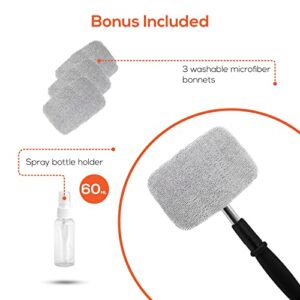 Trobo Windshield Cleaning Tool, Extendable Handle Interior Exterior Glass Pivoting Car Window Cleaner Wand Wiper Kit with 3 Washable Reusable Microfiber Cloths & Bonus Spray Bottle, Durable Material