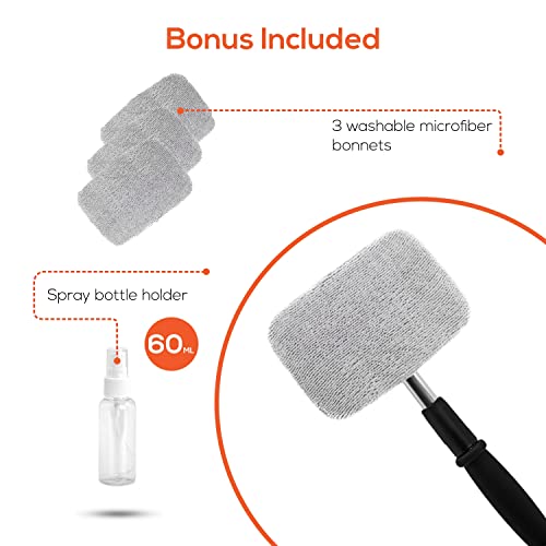 Trobo Windshield Cleaning Tool, Extendable Handle Interior Exterior Glass Pivoting Car Window Cleaner Wand Wiper Kit with 3 Washable Reusable Microfiber Cloths & Bonus Spray Bottle, Durable Material