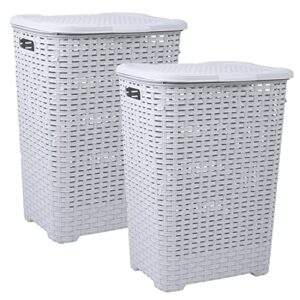 plastic laundry hamper with lid laundry hamper basket, white smoke 2 pack tall cloths hamper organizer with cut-out handles. space saving for laundry room bedroom bathroom, wicker design 60 liter